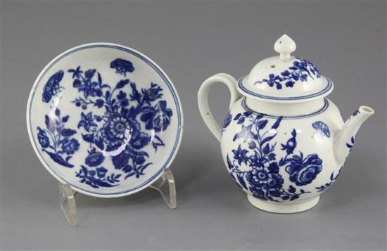 A Worcester miniature Three Flowers pattern globular teapot and cover, c.1780, 9cm, saucer repaired